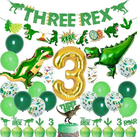 PRICES MAY VARY. Three Rex Birthday Party Decorations: The package includes 1 glitter paper green THREE REX Dinosaur letter banner; 1 set of 9 pieces of green dinosaur banner; 1 set of dinosaur Three Rex cake topper; 12 glitter paper green dinosaur 3 year old cupcake toppers; 1 set of number 3 foil balloon; 2 dinosaur foil balloons; 2 dinosaur tattoo stickers; 15 latex balloons. Special Design and Material: A memorable gift for your kids birthday party, the cake topper is made of high-quality gl 3 Rex Birthday Party, 3 Rex Birthday, 3rd Birthday Decorations, Dinosaur 3rd Birthday, 3rd Birthday Party For Boy, Dinosaur Birthday Decorations, Dinosaur Birthday Party Decorations, Dinosaur Balloons, Dinosaur Birthday Cakes