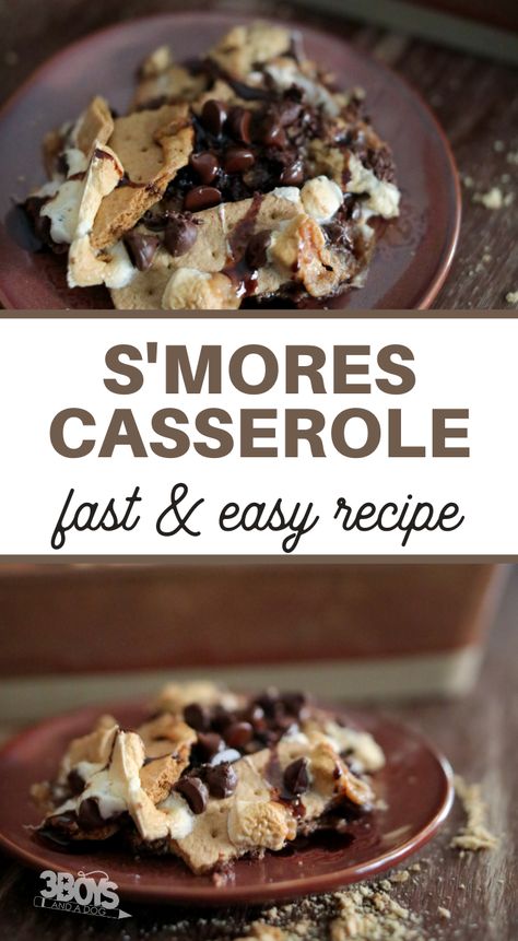 Just wait until you see this Delicious Smores Casserole Recipe! It's a fun way to eat smores and full of chocolate and peanut butter taste! #smoresrecipe #dessert #peanutbutterrecipe #3boysandadog Smores Casserole Recipes, Smore Casserole, Smores Casserole, Smores Dessert Recipes, Peanut Butter Smores, Baked Smores, Easy Smores, Smores Dessert, Smore Recipes