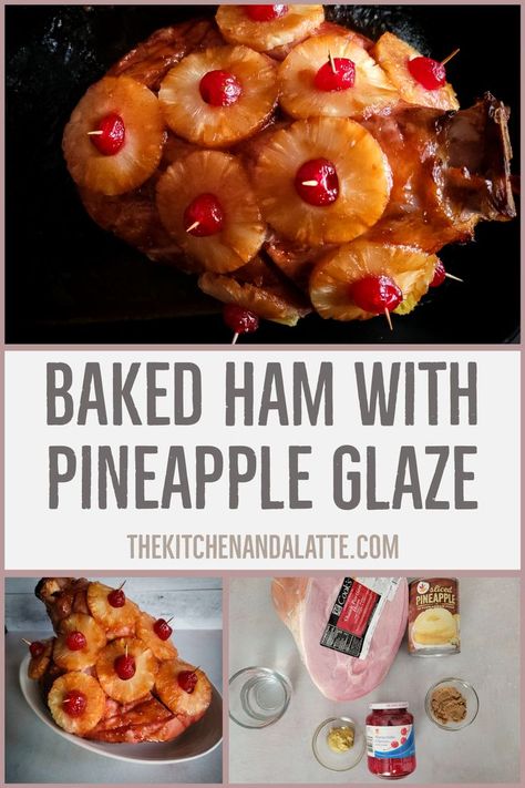 Baked ham is a classic holiday dinner main course. There are many ways to prepare it but this recipe has a pineapple, brown sugar and mustard glaze. It is also cooked with pineapple and cherries giving it the perfect combination of sweet and salty. #bakedham #bakedhamwithpineapplemustardglaze How To Cook A Half Ham In The Oven, Brown Sugar Pineapple Ham Oven, How To Cook A Whole Ham In The Oven, Whole Ham In Oven, Ham With Bone In Oven, Ham With Bone In Recipes, Oven Baked Bone In Ham, Ham In Oven Recipes, Baked Ham Recipes Oven Pineapple