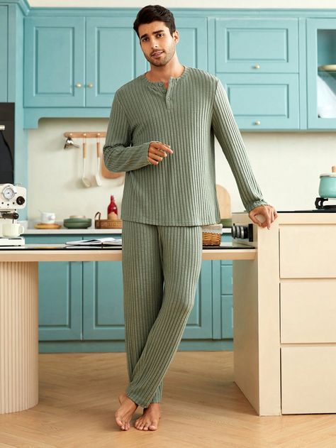 Army Green  Collar Long Sleeve  Plain Pajama Sets Embellished Medium Stretch  Men Loungewear Loungewear Outfits Men, Lounge Wear For Men, Mens Night Wear, Mens Lounge Wear, Ss23 Men, Homewear Outfit, Lounge Wear Men, Pajama Men, Mens Pyjamas