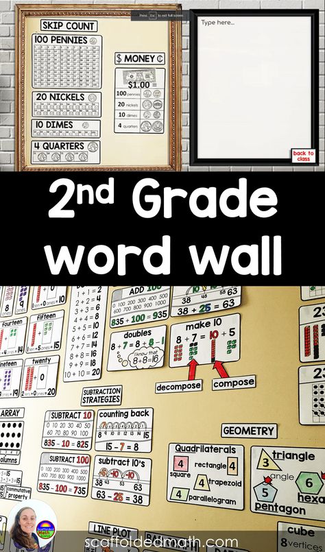 This word wall for 2nd grade includes both a printable version and a virtual word wall for distance learning. You can send the digital word wall to students working at home to help them with math vocabulary. Parents will appreciate this help. You can also add additional references, even your birmoji, tot this virtual classroom word wall to personalize it. More info at scaffoldedmath.com Math Word Wall 2nd, 2nd Grade Word Wall, Maths Working Wall, Notes Math, Math Word Wall, Classroom Word Wall, Math Vocabulary Words, Media Pembelajaran, Alphabet Crafts Preschool