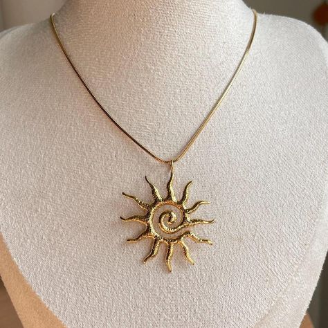 Beautiful Spiral Sun Charm Necklace  18k Gold Plated  Adjustable Length Sun Pendant Necklace, Sun Jewelry Aesthetic, Sun Necklaces, Sol Aesthetic, Sunflower Moon, Sun Brooch, Sun Accessories, Spiral Sun, Bohemian Sun