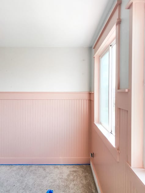 Currently in progress! Pink Bead Board, Beadboard Nursery, Girls Nursery Pink, Beadboard Accent Wall, Beadboard Bedroom, Beadboard Wall, Pink Accent Walls, Nursery Makeover, Bead Board Walls