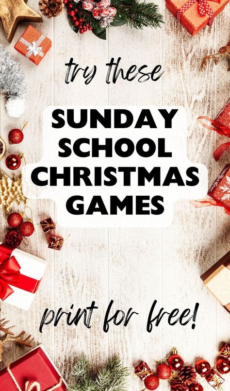 Christmas gifts and decor with text "Try these Sunday School Christmas games- print for free!" Christmas Games For Sunday School Kids, Christmas Ideas For Sunday School Kids, Christmas Eve Sunday School Lesson, Childrens Church Christmas Lesson, Sunday School Christmas Party Games, Christmas Bible Games For Kids, Christmas Eve Sunday School Ideas, Christmas Games For Kids Church, Christmas Activities For Sunday School