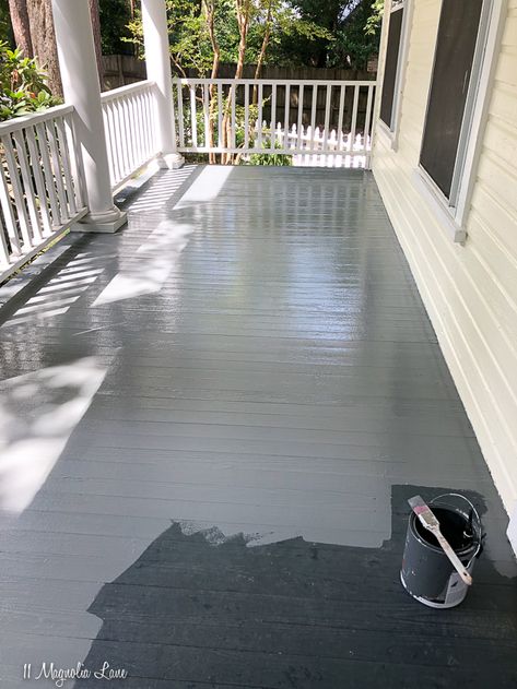 Best Porch Floor Paint Colors, Gray Porch Floor Paint, Grey Porch Floor, Front Porch Ceiling Ideas Paint Colors, Wood Porch Paint Ideas, Painted Front Porch Wood, Painted Porch Ideas, Front Porch Floor Colors, Porch Floor Colors