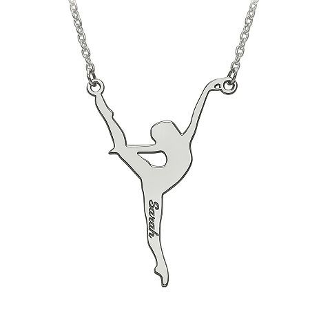 She'll love wearing her favorite activity around her neck with this personalized dancer necklace. Up to 9 characters for name.Metal: Rhodium-plated sterling silver, 14K white gold or 14K yellow goldClosure: Lobster claspDimension: 18″ cable chainPendant Size: 40x25mmJewelry photos are enlarged to show detail. Dancer Necklace, Favorite Activity, Girl Names, Name Necklace, Rhodium Plated, Dancer, Silver Necklace, Cable, White Gold