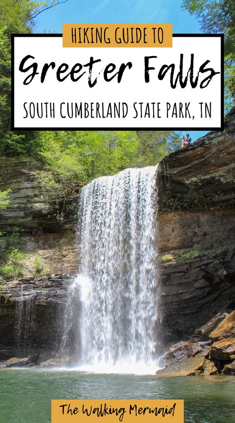 Photo of Greeter Falls. A waterfall located in South Cumberland State Park in Middle Tennessee. Linked to a backpacking / hiking guide on how to get to Greeter Falls and other gorgeous waterfalls and overlooks. Greeter Falls Tennessee, Kentucky Waterfalls, Kentucky Hiking, Travel Tennessee, Camping In Tennessee, Tennessee Waterfalls, Stone Door, Tennessee Road Trip, Tennessee State Parks