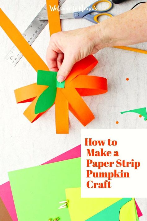 This simple Paper Strip Pumpkin Craft is great for all ages and only takes a few items to make! Are you looking for a fast craft to make for fall, Halloween, or Thanksgiving? This would be perfect. A Paper Strip Pumpkin also makes a nice DIY gift or decoration. You can make a variety of sizes and colors too, why not try creating apples instead? Pumpkin Art Project, Halloween Classroom Decorations, Fun Thanksgiving Crafts, Craft To Make, Pumpkin Craft, Pumpkin Activities, Bible Activities For Kids, Diy Crafts For Adults, Diy Classroom