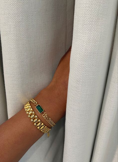 Gold watch band emerald green bracelet gold bracelet Emerald Watch Women, Gold And Green Watch Women, Gold Watch Green Face, Women Gold Watch, Golf Bracelet, Emerald Watch, Gold Watch Band, Jewelry Stack, Green Watch