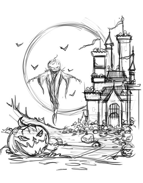 ‪Changing things up a bit- here’s my #digital #painting #art #process #artprocess #Commission #freelance #artist #Halloween #pumpkin #haunted #moon #horror #thumbnail #sketch #rough 114/365 #mikephillipsart #fantasyart #fantasyartist  #castle #spooky #conceptart #conceptsketch ‬ Haunted Castle Drawing, Halloween Scene Drawing, Horror Thumbnail, Castle Drawing Easy, Spooky Sketches, Castle Sketch, Practice Sketching, Road Drawing, Drawing Night