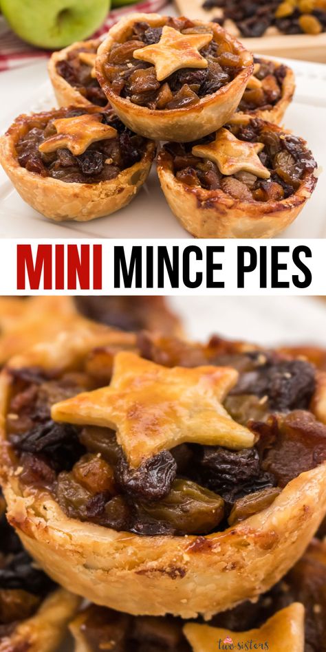 These Mini Mince Pies feature our homemade mincemeat recipe that is chock full of apples, raisins, dried fruit, spices, and a splash of alcohol. A delicious version of this classic holiday pie! Mincemeat lovers are going to clap for joy at these mini Mince Pies. Pin these homemade mini pies for later and follow us for more Holiday dessert ideas. Mince Meat Pie Recipe, Homemade Mincemeat Recipes, Christmas Mini Pies, Minced Pie, Minced Meat Pie, Mince Meat Pie, Mincemeat Pie Recipe, Mincemeat Tarts, Holiday Dessert Ideas