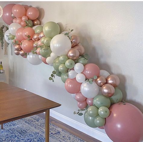 Pink Green And Brown Balloon Garland, Pink Green White Balloons, Sage Green Pink And White Balloon Arch, Pink And Green Gender Reveal Decorations, Pink And Mint Balloon Garland, Green Pink White Balloon Garland, Pink And Sage Green Balloon Garland, Sage And Pink Balloons, Balloon And Flower Backdrop Birthday