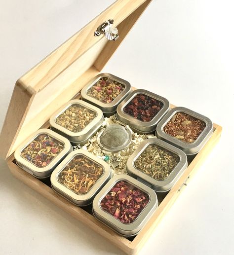 Tea Story, Tea Sampler Gift, Decaf Tea, Farmhouse Shop, Tea Packaging Design, Wood Gift Box, Tea Sampler, Tea Tins, Gift Tea