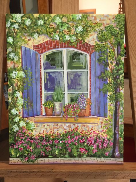 Paintings Of Windows, Painting Of A Window, Brick Window, Window Drawing, Painting Competition, Canvas Drawing, Flower Painting Canvas, Plant Painting, Small Canvas Art