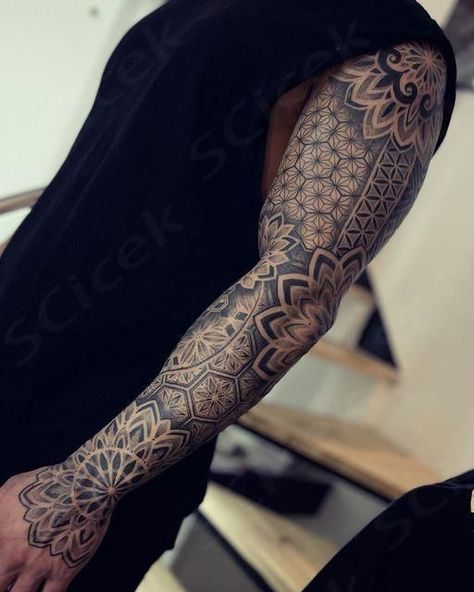 Geometric Mandala Tattoo Men, Geometric Tattoo Sleeve Designs, Floral Back Tattoos, Full Hand Tattoo, Mandala Tattoo Sleeve, Arm Sleeve Tattoos For Women, Geometric Mandala Tattoo, Geometric Sleeve Tattoo, Forearm Band Tattoos