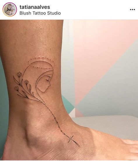 Cross With Circle Tattoo, Simple Mary Tattoo, Virgen Mary Tattoos, Mini Virgin Mary Tattoo, Small Virgin Mary Tattoo For Women, Virgin De Guadalupe Tattoo Ideas Small, Mother Mary Tattoo For Women, Saint Tattoo Female, Christian Floral Tattoo