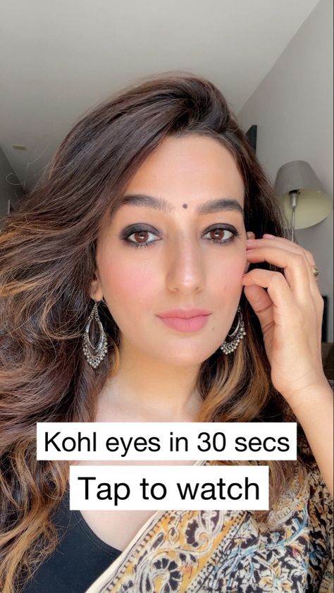 Eyeliner Styles Everyday, Kajal Smokey Eye, Smoky Kajal Look, Eye Makeup With Kajal Only, Indian Smoky Eyes, Smokey Eye Makeup Indian Skin, Indian Kajal Aesthetic, Indian Khol Eyes, Eye Smudge Makeup