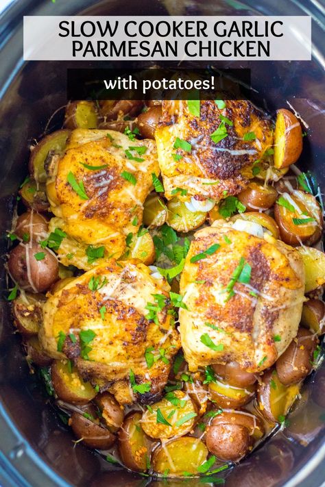 Slow Cooker Garlic Parmesan Chicken is a super easy, super comforting, super flavorful dinner! Because it's made in the crockpot, there is very little hands-on time. Let the slow cooker do the work and cook your meat and potatoes at the same time. | www.persnicketyplates.com Slow Cooker Garlic Parmesan Chicken, Flavorful Dinner, Chicken And Potatoes, Garlic Parmesan Chicken, Slow Cooker Dinner, Parmesan Chicken, Chicken Slow Cooker Recipes, Chicken Potatoes, Honey Garlic Chicken