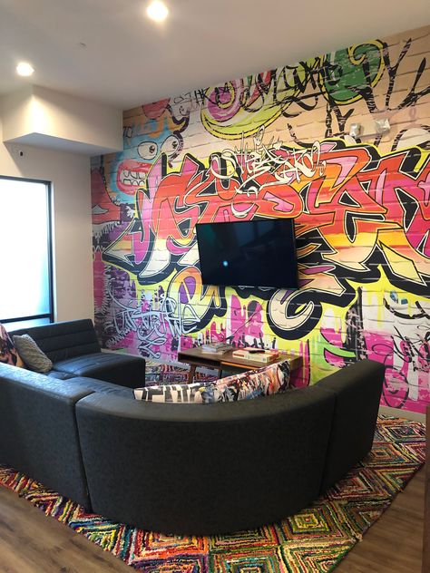 CUSTOM GRAFFITI WALL MURAL Anime Murals Wall Art, Graffiti Wall Living Room, Wall Mural Graffiti, Graffiti Room Aesthetic, Brick Wall Accent, Hiphop Room, Graffiti Interior Design, Accent Wall Diy, Graffiti Decor