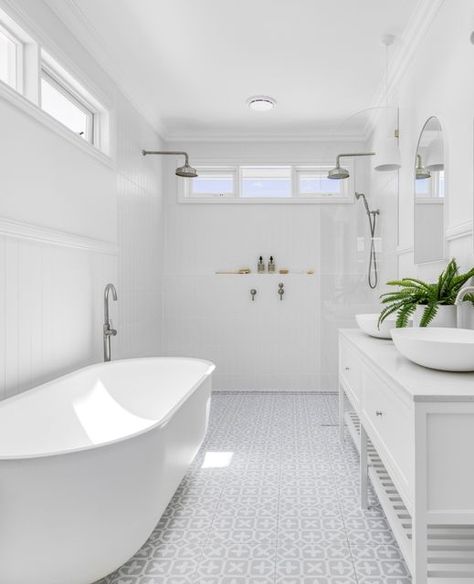 Coastal Hamptons Bathroom, Encaustic Tiles Bathroom, Modern Hamptons Bathroom, Hamptons Bathroom Ideas, Hampton Style Bathroom, French Provincial Bathroom, Hampton Style Bathrooms, Bathroom Hamptons, Hamptons Style Bathroom