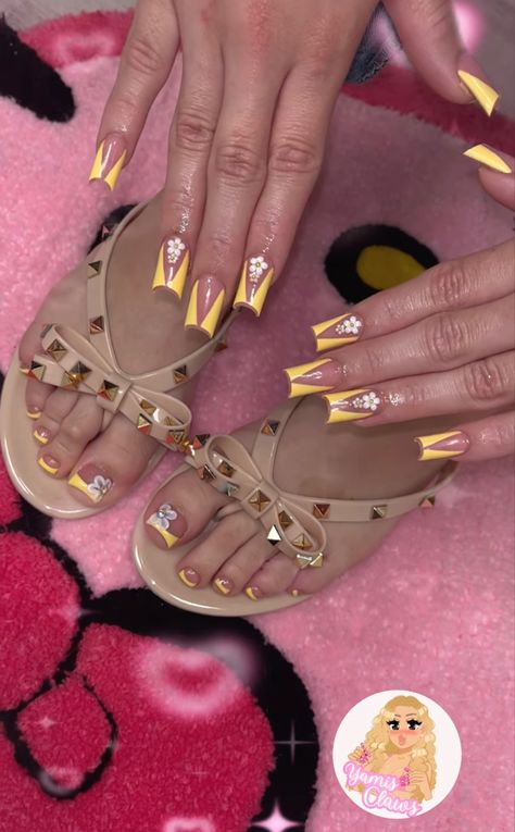 pedicure 🎀 yamiclaws on ig Matching Toe And Nail Set Ideas, Yellow Acrylic Toes, Yellow Nails And Toes, Yellow French Tip Toes, Nails And Toes Set, Acrylic Nails And Toes Matching, Matching Set Nails And Toes, Matching Nail And Toe Sets, Matching Nails And Toes