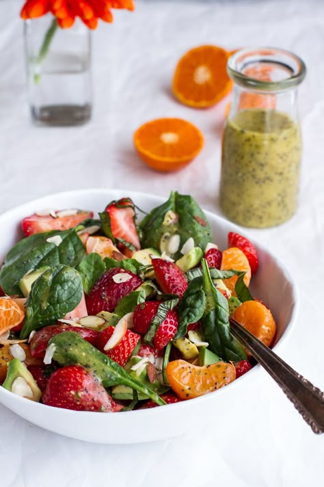 Strawberry, Spinach and Avocado Salad with Orange Ginger Vinaigrette | halfbakedharvest.com Avocado Fruit Salad, Ginger Vinaigrette, Brunch Salad, Strawberry Spinach, Easter Brunch Food, Half Baked, Half Baked Harvest, Brunch Menu, Avocado Salad