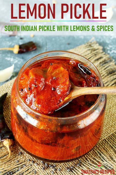 Lemon pickle is a traditional Indian condiment made with lemons, red chilli powder and salt. Serve it as a side in a Indian meal or with just rice and dal. #pickle #indianfood #lemonpickle #vegan via @swasthi Lemon Pickle Recipe, Rice And Dal, Indian Pickle Recipe, Lemon Pickle, Lime Pickles, Indian Meal, Red Chilli Powder, Indian Cooking Recipes, Cooking Recipes Healthy