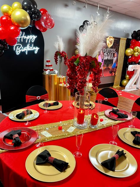 Red Black And Gold Prom Decorations, Red Black And Gold 60th Birthday Party, Red And Gold 60th Birthday Party Ideas, Red Black And Gold Event Decor, Red And Black Banquet Decor, 70th Birthday Ideas For Mom, Red Party Decorations, Royalty Baby Shower, Bike Birthday Parties