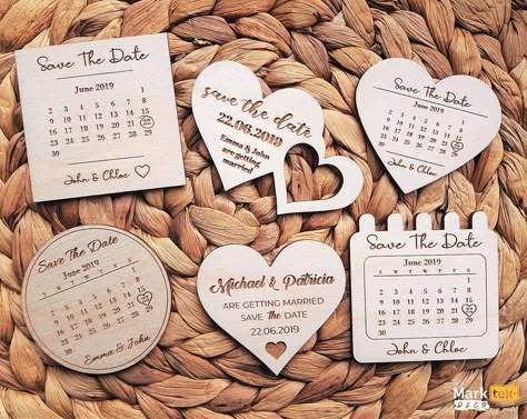 "A set of 10 laser engraved Save the Date wedding invites, wedding favors, available with magnetic film on the back side or a hole for hanging. Six different shapes available. You can also choose the fitting type: no fitting, magnetic film on the back, or the hole drilled, for hanging it. ♦SIZES AND MATERIALS ♦ These favors are approximately 2.55 inch (6,5 centimeters) width and height. Favors are made of high quality, 3 millimeters thick birch plywood. Since they are laser cut, with laser engra Wedding Favors Rustic, Laser Engraved Wedding, Rustic Invitation, Invites Wedding, Personalized Name Plates, Laser Cut Wood Crafts, Bulk Candles, Laser Engraved Ideas, Rustic Wedding Favors