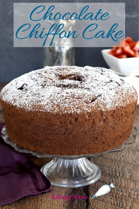 Chocolate Chiffon Cake is made with whipped eggs and oil. Oil makes the cake moist, and whipped eggs make it light. This recipe can be baked as a layer cake or in a tube pan. Chiffon Cake Recipes, Chocolate Chiffon Cake Recipe, Chiffon Cake Recipe, Chocolate Chiffon Cake, Chocolate Sponge Cake, Chiffon Cake, Chocolate Dessert Recipes, Brownie Cake, Chocolate Cake Mixes