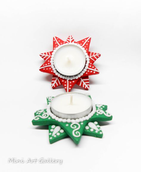 Tea-light holders / candle base / polymer clay handmade Christmas home decoration. © Mini Art Gallery Polymer Clay Candle, Clay Candle Holders, Clay Christmas Decorations, Clay Candle, Candle Base, Polymer Clay Ornaments, Christmas Clay, Polymer Clay Christmas, Polymer Crafts