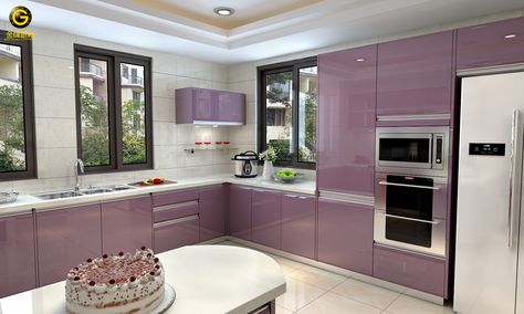 Glossy Violet. Violet Kitchen Cabinets, Colorful Boho Kitchen, Purple Kitchen Cabinets, Kitchen Trolley Design, Kitchen Cabinet Colours, Violet Kitchen, Kichen Design, Trolley Design, American Kitchen Design