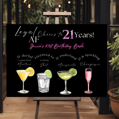 21st Birthday Drink Menu Ideas, 21 Birthday Drinks, Alcoholic Drinks Menu, Classy 21st Birthday, 21st Birthday Drinks, Cheers To 21 Years, Signature Drink Menu, 21st Birthday Themes, Pink Template