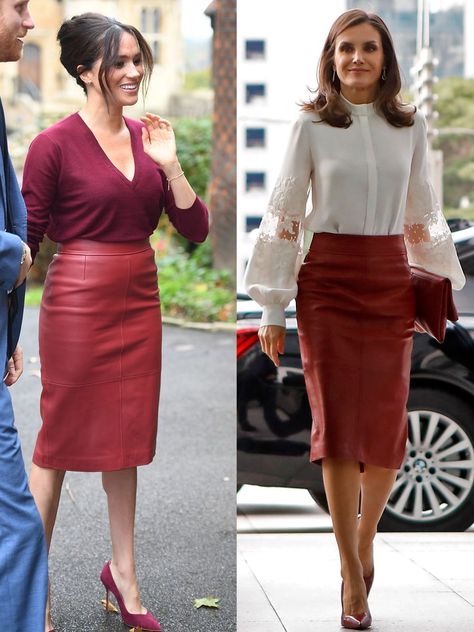 18 Times Royals Wore the Same Outfits - Royal Women in the Same Dress Maroon Leather Skirt, Ellie Saab Dress, Red Leather Pencil Skirt, Red Leather Skirt, Royal Women, Crisp White Blouse, Emerald Dresses, Red Pencil Skirt, Princess Victoria Of Sweden