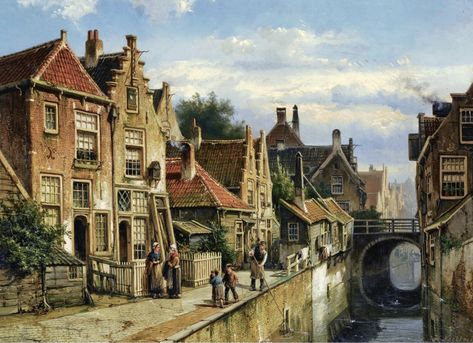 Figures on a Quay in a Sunlit Town jigsaw puzzle in Piece of Art puzzles on TheJigsawPuzzles.com Cobblestone Road, Musee Carnavalet, 19th Century Paintings, Medieval Life, Perspective Art, Rural Scenes, City Painting, Dutch Painters, European Paintings