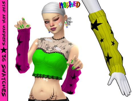 Sims4 Arm Warmer, Sims 4 Arm Warmers, Sims 4 Cc Arm Warmers, Star Arm Warmers, Goth Belt, Fishnet Shirt, White Lace Cami, Striped Gloves, Elbow Length Gloves