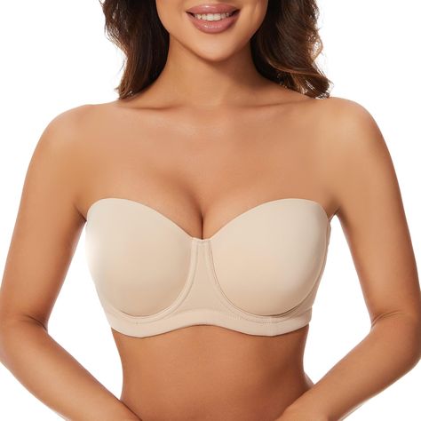 PRICES MAY VARY. Plus size and full coverage cup with lightly lined design provides great support and maximum lift, especially for flattering small and plus size bust ladies Strapless multiway bra can be converted into 5 different styles: strapless, one strap, crisscross, natural and halter way. Soft fabric gives you buttery feel, keeping you comfortable all day Anti-slip silicone strips and side wings with breathable design helps stay perfectly, keep your girls stay in place without feeling lik Strapless Sticky Bras, Best Strapless Bra For Large Bust, Strapless Bra For Large Bust, Push Up Strapless, Best Strapless Bra, Multiway Bra, Strapless Evening Dress, Lounge Lingerie, Everyday Bra