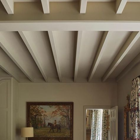 English Cottage Vaulted Ceiling, White Wood Beam Ceiling, French Country Ceiling Beams, Beams Ceiling Painted, Shallow Ceiling Beams, Low Ceiling With Beams, Beadboard Ceiling Bedroom, Rounded Ceiling Corners, Painted Ceiling Beams Living Room