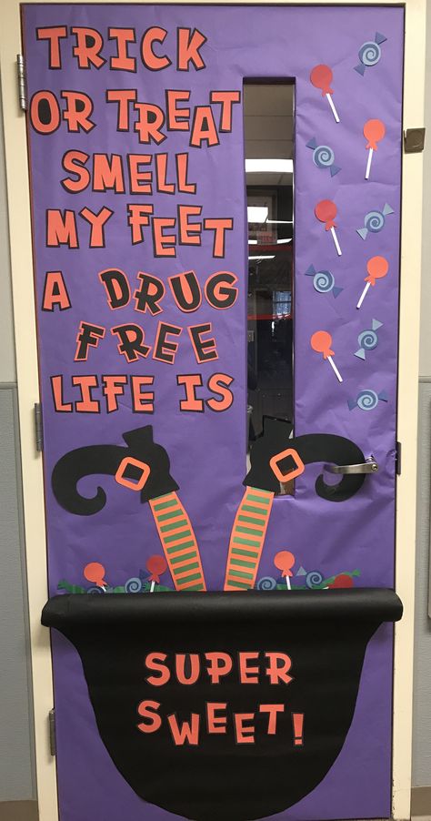 October Teacher Door: Red Ribbon Week & Halloween Halloween Door Decorations Classroom, Halloween Classroom Door, Halloween Classroom Decorations, School Door Decorations, Teacher Door, Door Decorating Contest, Red Ribbon Week, Halloween Classroom, Teacher Doors