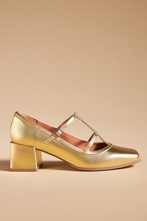 Leather upper, insole Rubber sole Clasp styling Imported | Moni Heels by Intentionally Blank in Gold, Women's, Size: 5 at Anthropologie Intentionally Blank, Pump Shoes, Wedge Sandals, Rubber Sole, Sandals Heels, Anthropologie, Leather Upper, Pumps, Women Shoes