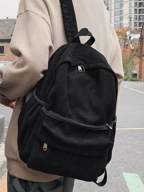 Black Unisex Collar  Fabric Plain  Embellished   Women Bags Black Canvas Backpack, Black Backpacks For School Aesthetic, Cute Backpacks Black, Black Backpack Aesthetic, Aesthetic Backpacks For School, Skater Backpack, Simple Backpacks, Backpacks Aesthetic, Grunge Backpack