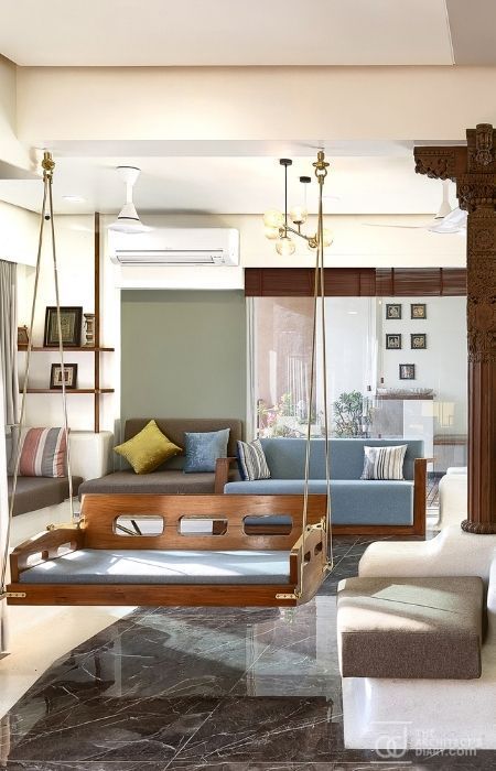 Living Room With Swing, Jhula In Living Room, Swing In Living Room, Indian Living Room Design, Classic House Interior Design, Room Swing, Tiny House Loft, Indian Home Interior, Hall Interior Design