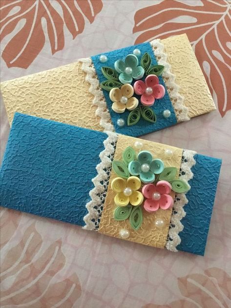 Quilled envelops by me Quiling Envelope Design, Rakhi Envelopes Handmade, Designer Envelopes Creative, Fancy Envelopes Creative, Quilling Envelopes Design, Handmade Envelopes Creative, Envelope Design Creative Handmade, Rakhi Envelopes, Envelope Decorating Ideas