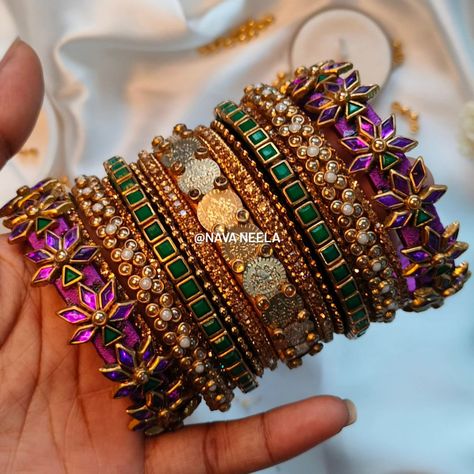 In purple and gold, a lily grand, 💜🌟 Elegant designs, crafted by hand, ✨ The bridal queen, in beauty, will stand. 👰‍♀️👑 . . . Design Code - Nava0097 . . “Get yours now in your favorite color! 🎨✨" . . "Customize bangles with raw silk thread! 🎨💫@nava.neela" . . DM us on Instagram or WhatsApp to 8300830771 . . #navaneela #bangles #silkthreadbangles #silkthreadjewelry #kundanbangles #weddingbangles #bridalbangles #returngifts #festivebangles #southindianbangles #bride #bangleset #weddinginspirati... Bridal Silk Thread Bangles, Silk Thread Bangles Design, Thread Bangles Design, Gold Jewelry Outfits, Kundan Bangles, Silk Thread Jewelry, Silk Thread Bangles, Bangles Set, Thread Bangles