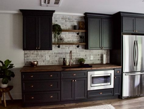 Basement Kitchenette and Movie Room Black Kitchenette Cabinets, Basement Kitchenette With Full Size Fridge, Basement Kitchenette Black Cabinets, Kitchenette Ideas Mini Kitchen, Basement Mini Kitchen, Basement Kitchenette With Fridge, Black Kitchenette, Guest House Kitchenette, Modern And Farmhouse Mixed