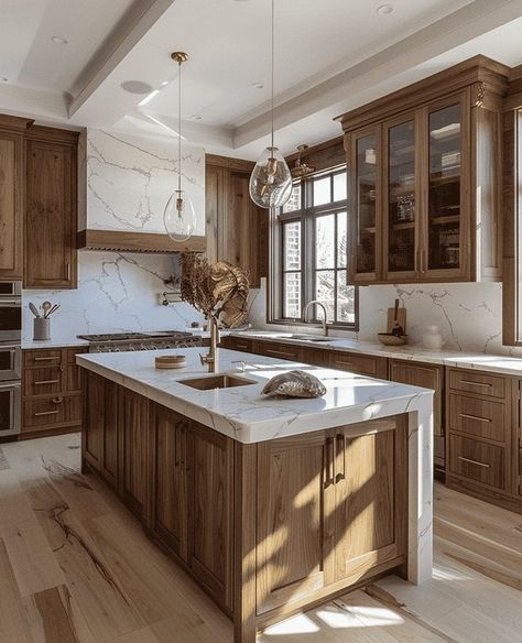 Cool Tone Kitchen Cabinets, Two Wood Tone Kitchen Cabinets, Wood Cabinets Modern Kitchen, Modern Country Style Interior Design, Home Cabinets Ideas, Kitchen One Wall With Island, Arch Kitchen Entry, Wood And Brass Kitchen, Rustic Kitchen Wood Cabinets