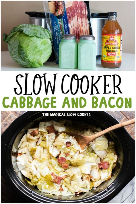 Make the best side dish with a head of cabbage and your crockpot. The cabbage is perfectly tender and flavored with plenty of bacon. - The Magical Slow Cooker Slow Cooker Cabbage, Crockpot Cabbage Recipes, Magical Slow Cooker, Crock Pot Cabbage, Cabbage And Noodles, Best Side Dish, The Magical Slow Cooker, Cabbage Recipe, Cabbage And Bacon