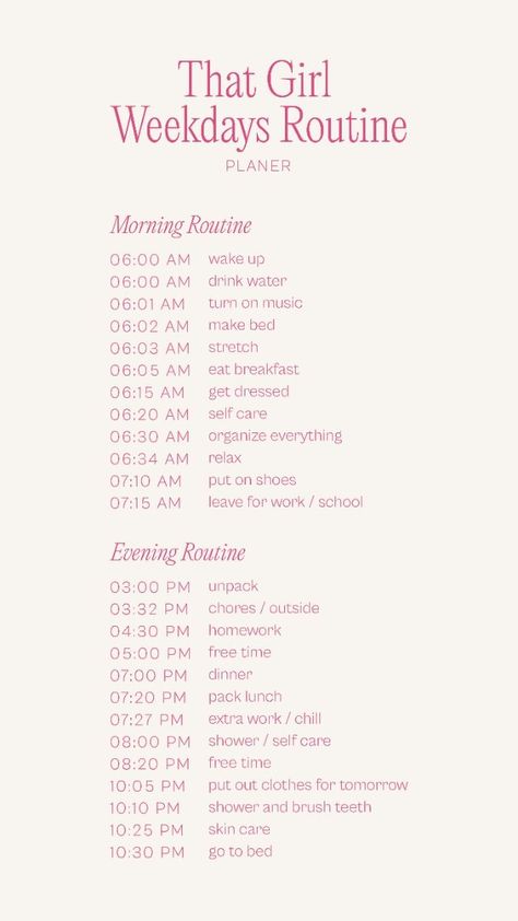 That Girl • Weekdays Routine Planner That Girl • Weekend Routine Planner Transform your weekends with "That Girl • Weekdays Routine Planner"! 🌸✨ Plan your days with self-care, productivity, and relaxation tips. Be the best version of Being That Girl Routine, Self Care Day Routine Aesthetic, Selfcare Routine Checklist, Day Time Routine, Productive College Morning Routine, Cute Morning Routine List, Things To Be Productive, Business Woman Daily Routine, Girl Routine Ideas