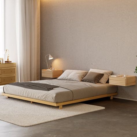 Japanese Style Walnut Queen Floor Bed Minimalist Queen Bed Frame, Low Bed Decor, Low Modern Bed, Japanese Floating Bed, King Floor Bed, Thuma Bed Decor, Floating Wood Bed, Bed Without Frame On Floor, Japanese Style Bed Frame