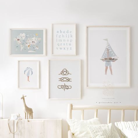 Nursery Art Gallery Wall, Nautical Themed Nursery, Whimsical Boy Nursery, Coastal Nursery Boy, Nursery 2024, Boy Nursery Artwork, Nautical Gallery Wall, Baby Room Artwork, Playroom Artwork